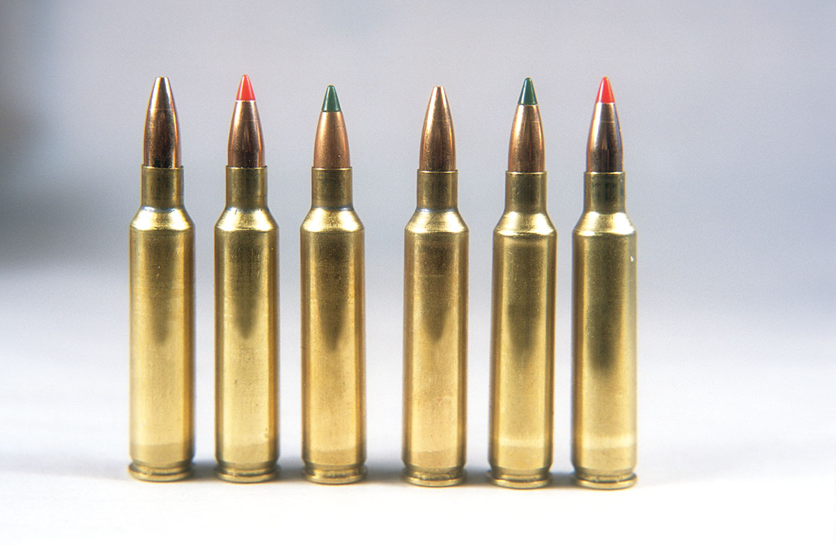 Bullets used include, from left: Barnes 26-grain Varmint Grenade, Hornady 32-grain V-MAX, Sierra 32-grain BlitzKing, Berger 35-grain Varmint, Sierra 39-grain BlitzKing, Hornady 40-grain V-MAX.